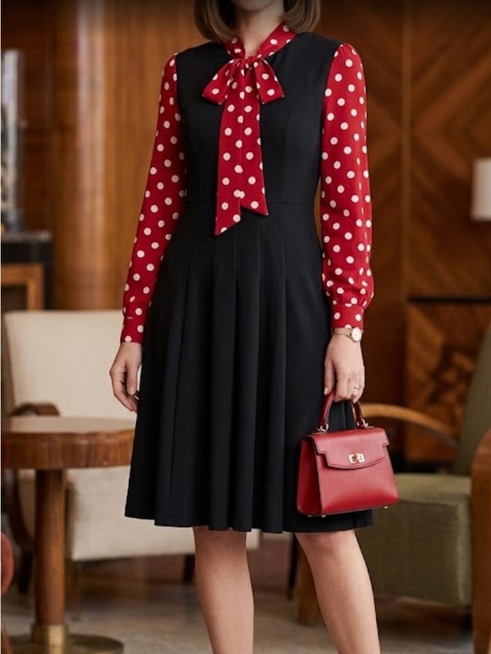 New Tulip B Long Sleeve Black Dress with Red Polka Dot Tie-Neck Modern Vintage